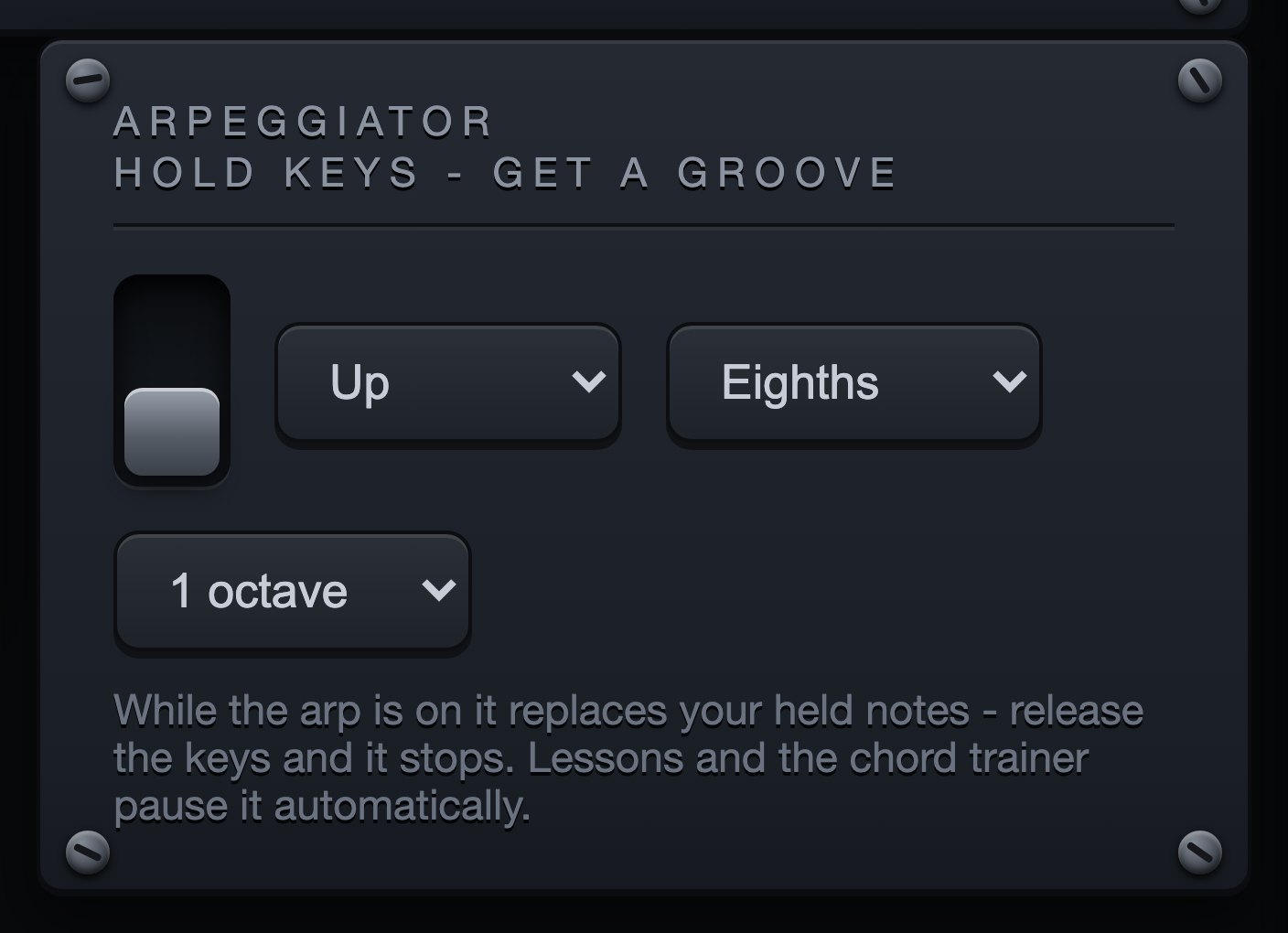 The Arpeggiator panel of the Rise Keys dashboard