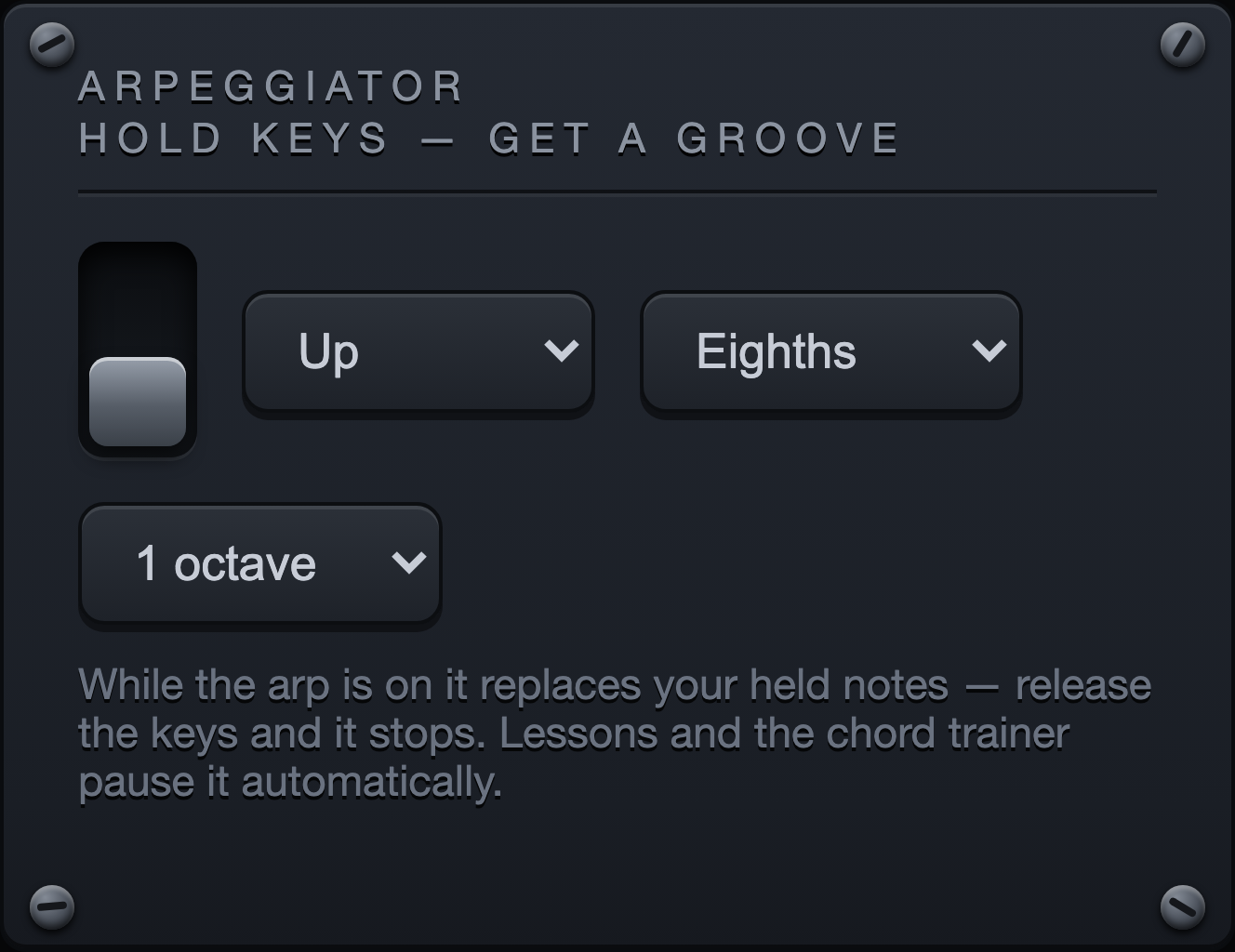 The Arpeggiator panel of the Rise Keys dashboard
