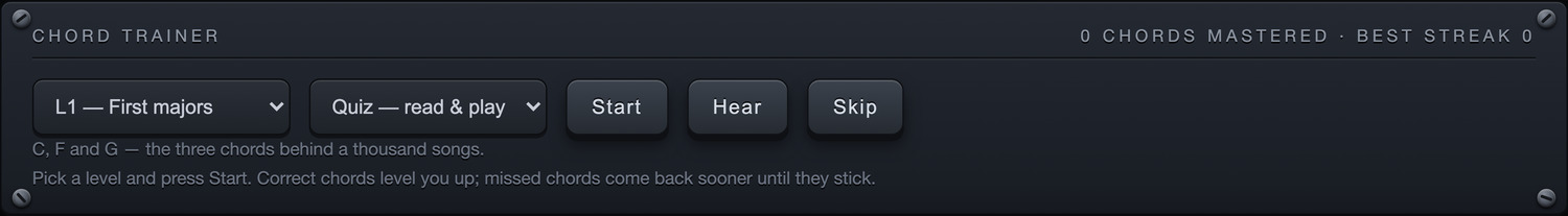 The Chord trainer panel of the Rise Keys dashboard