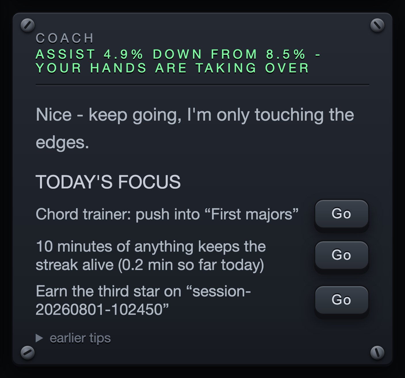 The coach module showing a live tip and today's three-item practice plan