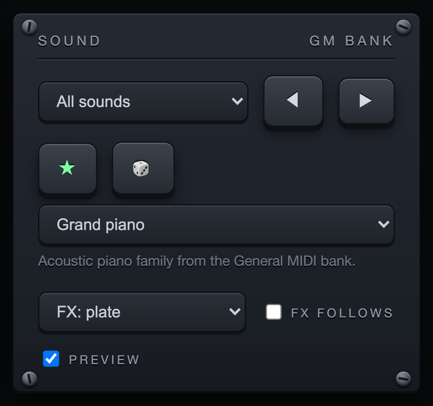 The sound browser module with instrument families, favourites and effects