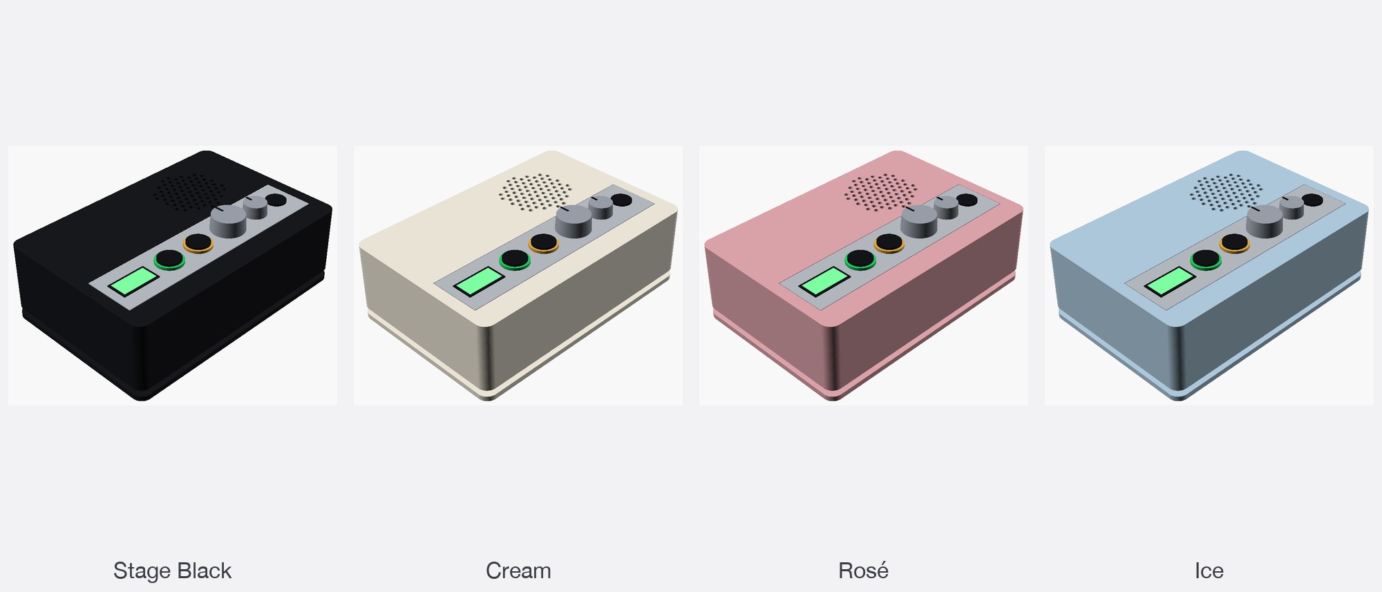 All four RK-1 finishes side by side, left to right: Stage Black, Cream, Rosé and Ice. Each is the same box rendered from the CAD model, with the assist ring green and the sustain ring amber