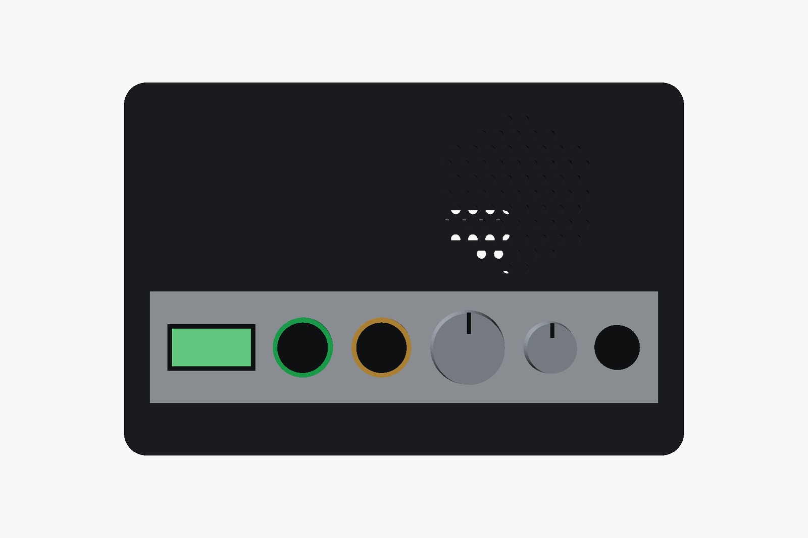 The top face of the RK-1 from directly above: the screen, the green assist button, the amber sustain button, the select knob, the volume knob, the power button and the round speaker grille