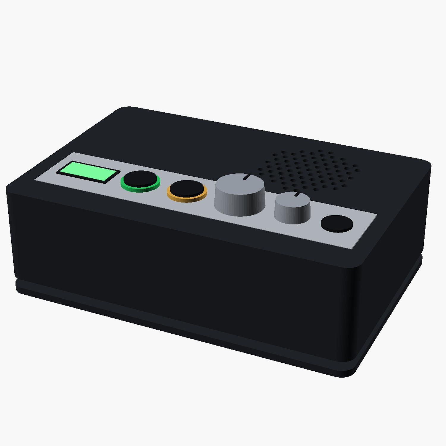The RK-1 rendered from its CAD model, seen from the front and slightly above, showing the full control strip and the speaker