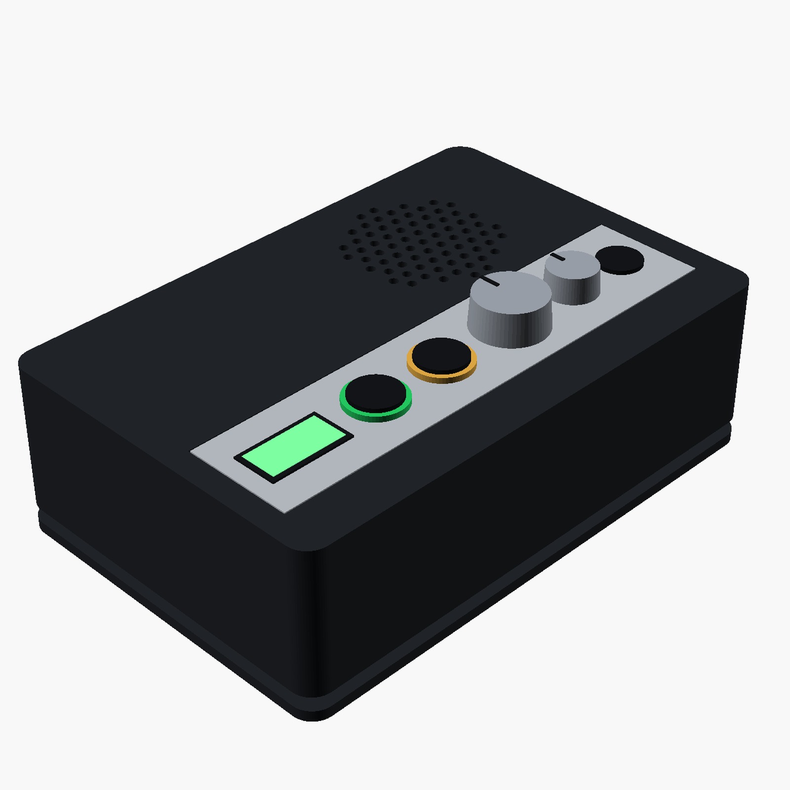 Three-quarter view of the RK-1 rendered from its CAD model: a low graphite box with a brushed plate carrying the screen, two lit buttons, two knobs and a power button, and a speaker on the top face