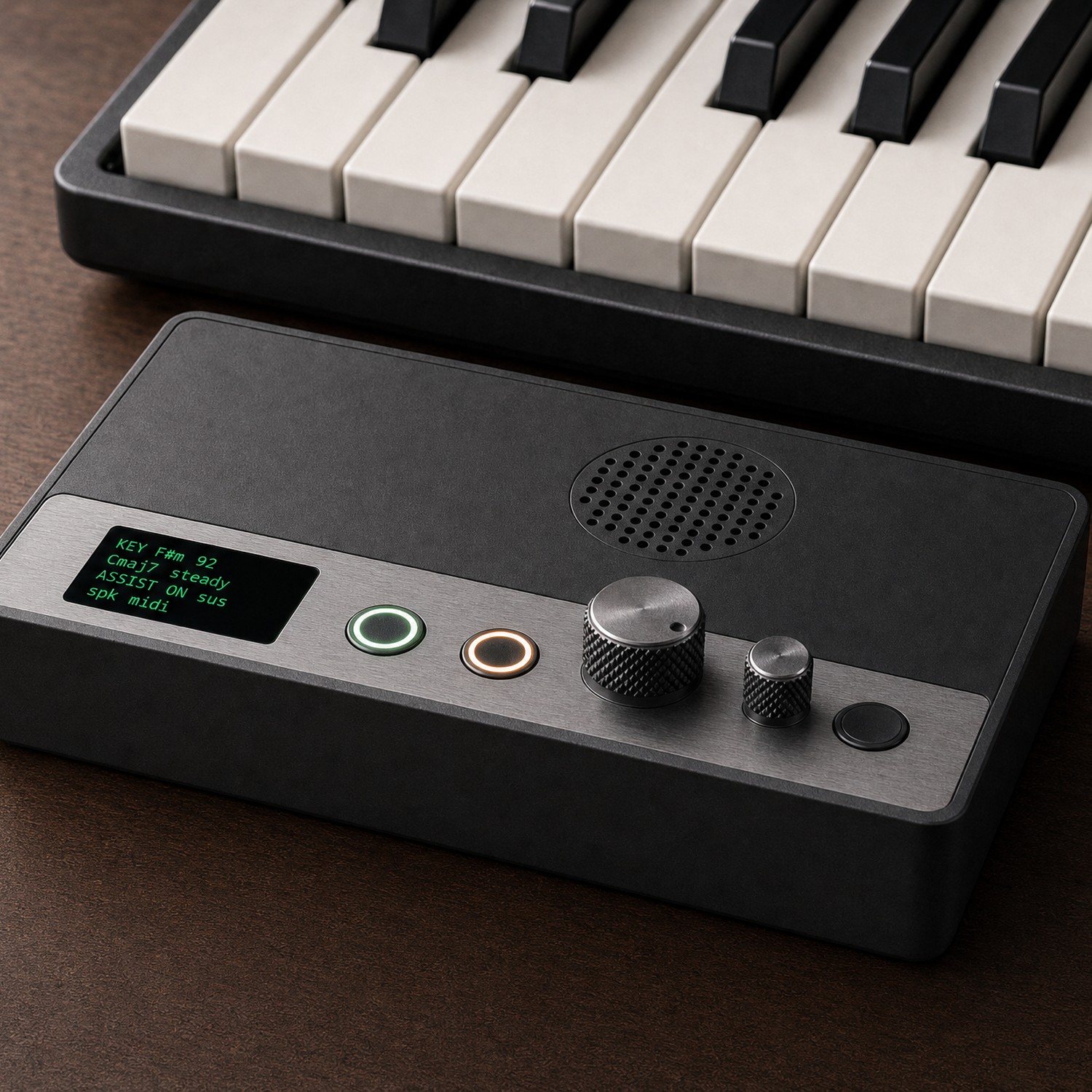 The RK-1 on a desk beside a piano keyboard, showing its size: about six and a half white keys wide and only 40 mm tall