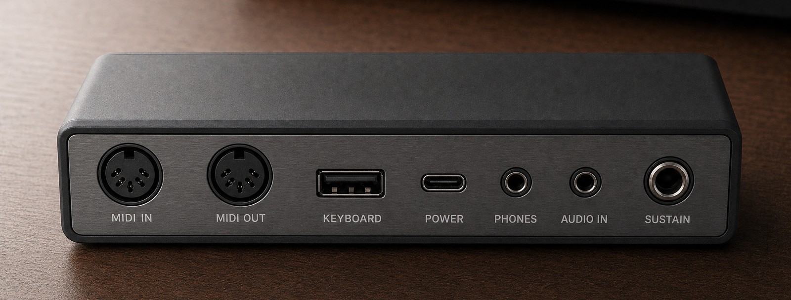 The RK-1 rear panel with every socket labelled: MIDI IN,
      MIDI OUT, KEYBOARD, POWER, PHONES, AUDIO IN and SUSTAIN